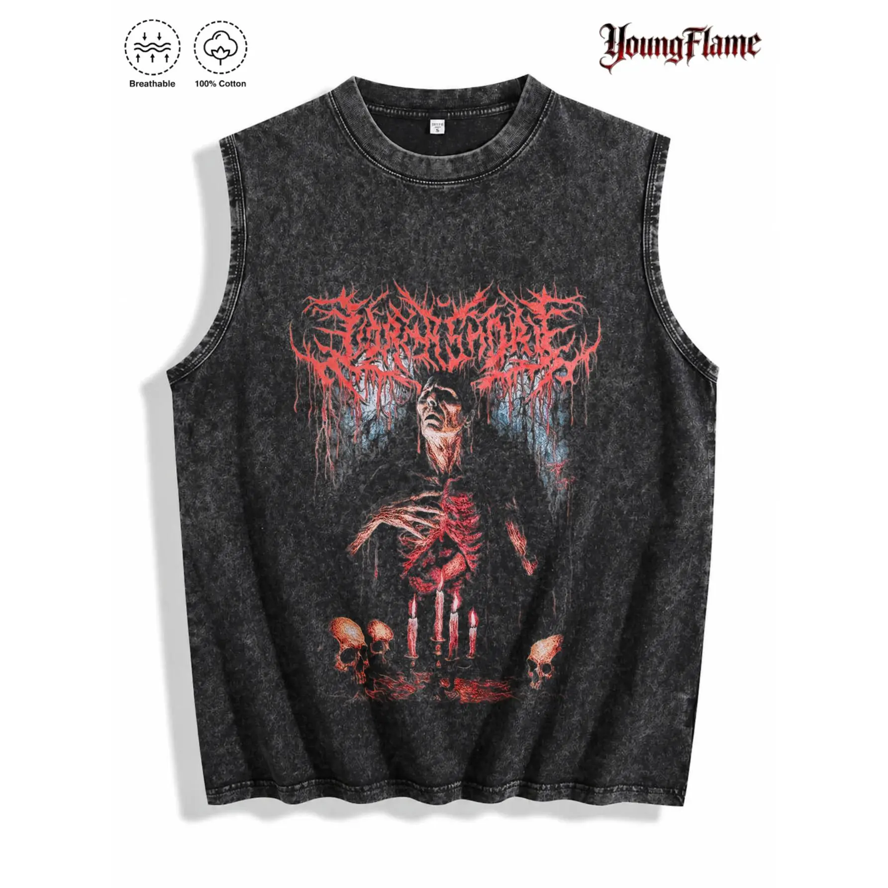 Vintage Acid Wash Death Metal Graphic Tank Top Men's Gothic Horror 100% Cotton Sleeveless Shirt Summer Streetwear