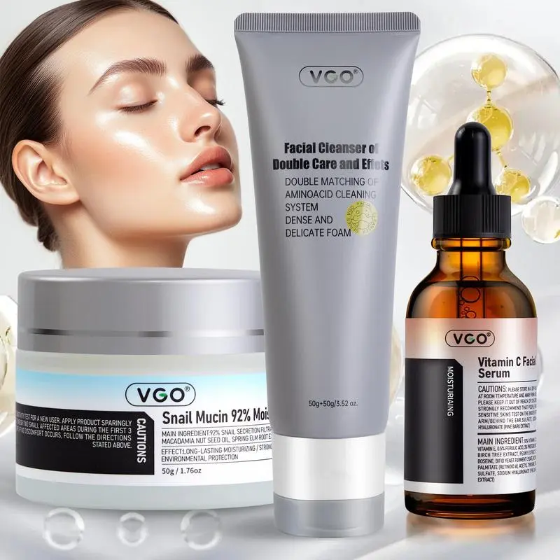 VGO 3-Step Unisex Daily Facial Care Set - Gentle Cleanser, Vitamin C Serum, Hydrating Snail Moisturizer for Sensitive Skin, Moisture, Hydration Boost & Smooth Lightweight Feel