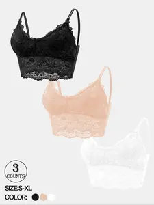 3/6 Pack Solid Color Sexy Camisole Wireless Bra, Solid Wireless Bralette, Lace Hem, Floral Embroidery, Three-Quarter Cup, Hookless Lingerie, Removable Padding, Easy to Wear and Remove, High Elasticity, Non-Deforming, Women's Lace Underwear Bra