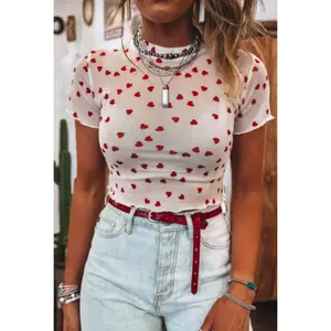 Red Allover Heart Print Mesh Short Sleeve Top