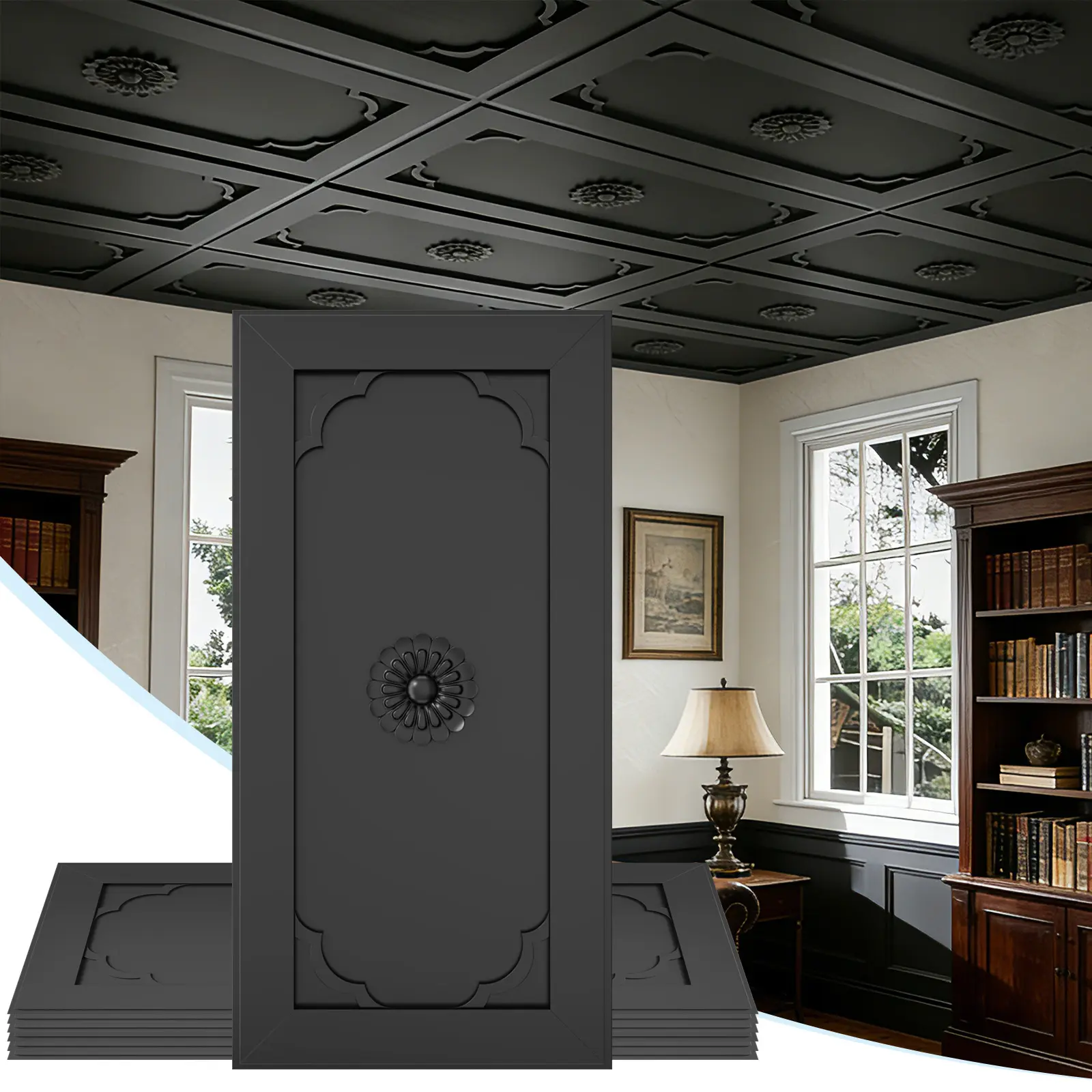 LOOYEE 24 PCS 2x4 FT Black Floral Diamond Grid Decorative Ceiling Tiles, 24x48 Inch 3D Modern Minimalist Ceiling Panels, PVC Waterproof Cuttable Material Ideal for Living Room Bedroom Cover 192 Sq.Ft