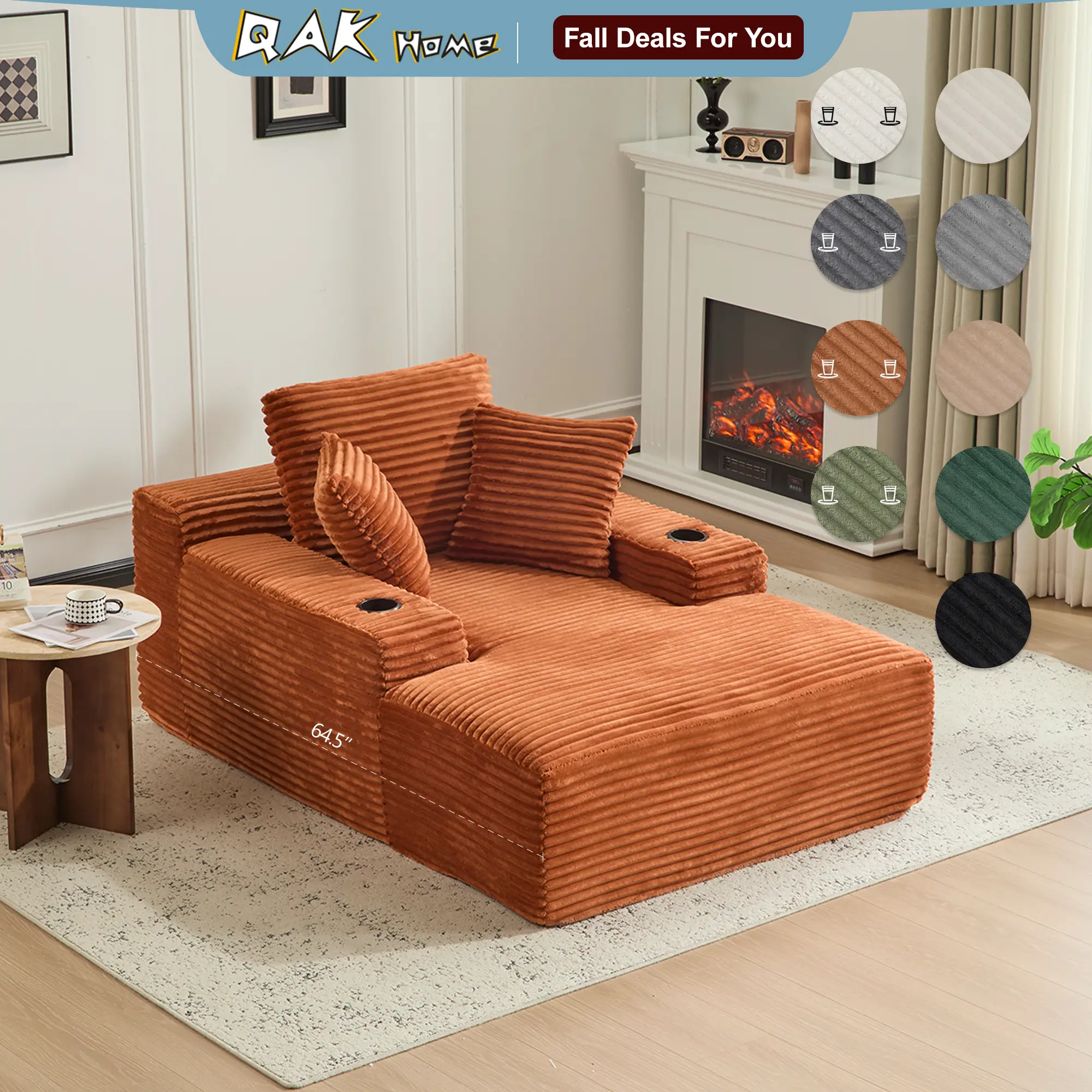 QAK 64‘’ Boneless Chaise Lounge, Upholstered Sofa Bed with Throw Pillows and Armrests, Indoor Sleeper Chair Luxurious Plush Corduroy Chair Bed for Liv