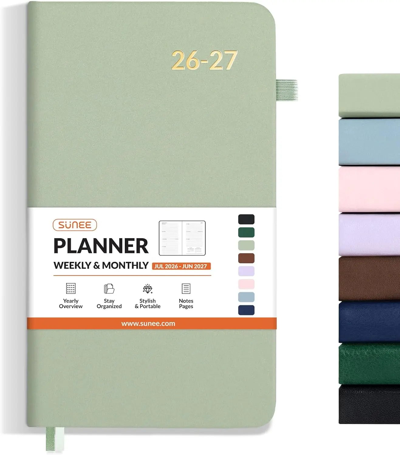 SUNEE 2026-2027 Pocket Weekly Planner for Purse 3.5" x 6" - 12 Month (July 2026 - June 2027) Academic Year Calendar, Pocket Size Planner, Hardcover, Note, 100 GSM Paper, Sage Green