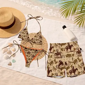 Baha Ranch Yeehaw Vintage Western Matching Swimwear, Women's String Bikini & Men's Swim Trunks, Retro Cowboy Couple Swimsuits, Western Beachwear, Honeymoon Vacation Outfit