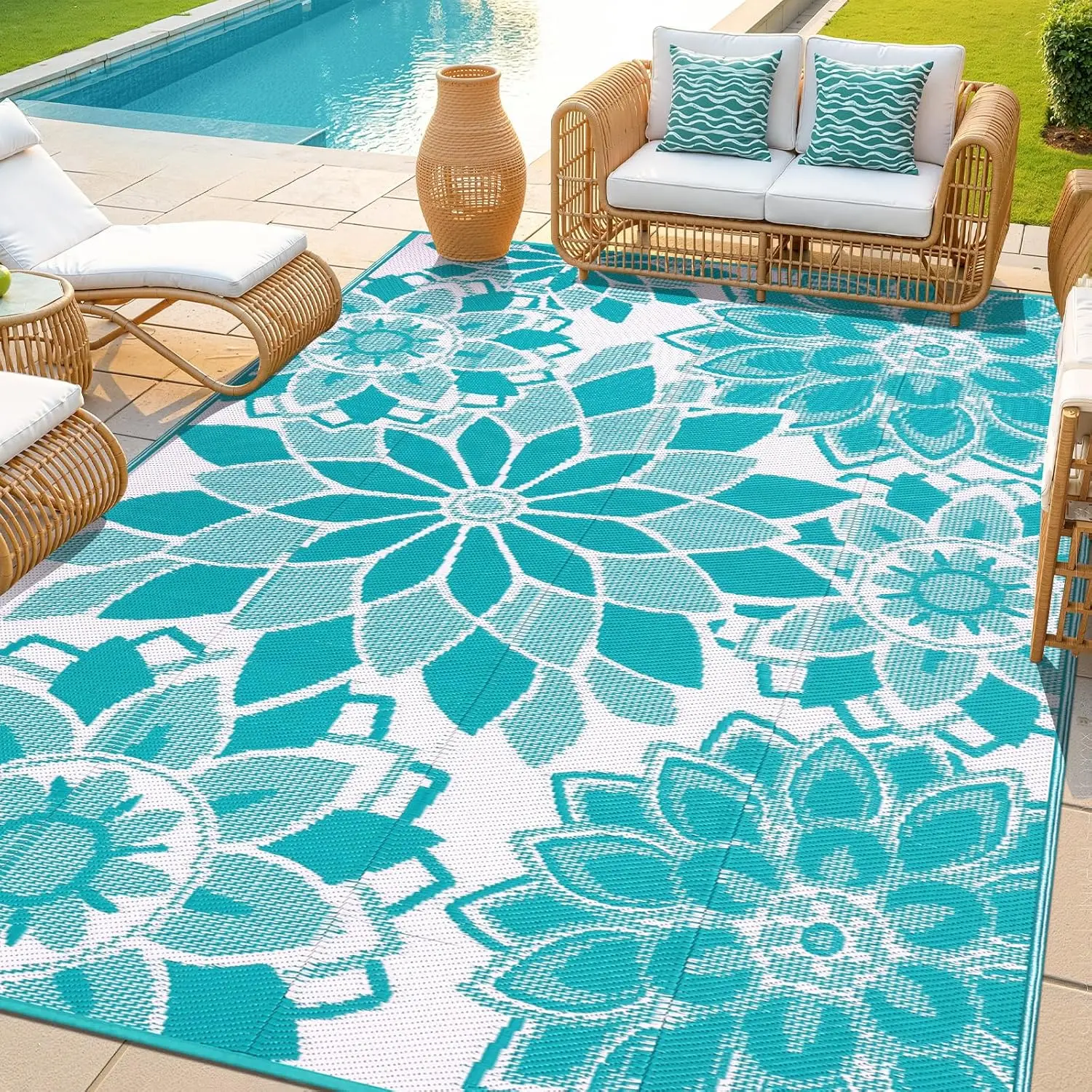 Yamaziot Outdoor 9x12 Area Rug for Patio Reversible Plastic Straw Patio Large Rug, Floral Waterproof RV Mat for Camper Outdoor Carpet for Deck Porch Picnic Beach Balcony Backyard Camping