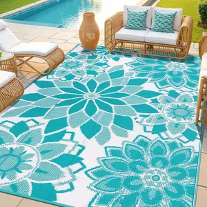Yamaziot Outdoor Area Rug for Patio Reversible Plastic Straw Patio Large Rug, Floral Waterproof RV Mat for Camper Outdoor Carpet for Deck Porch Picnic Beach Balcony Backyard Camping