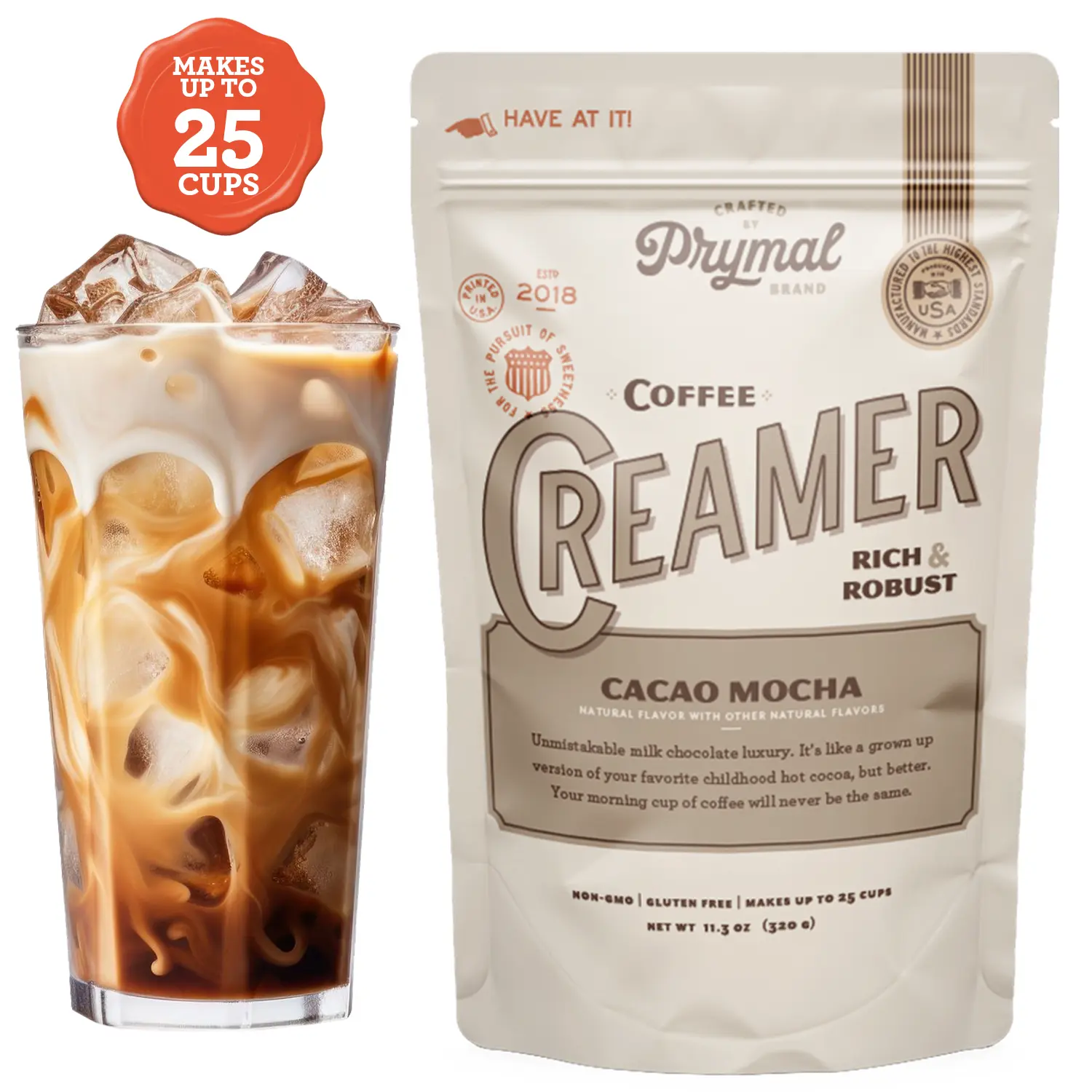 Prymal Cacao Mocha Sugar-Free Coffee Creamer Powder - Natural, Real Cocoa, No Seed Oils, Non-GMO, Gluten-Free, Made with MCT Oil & Coconut Milk