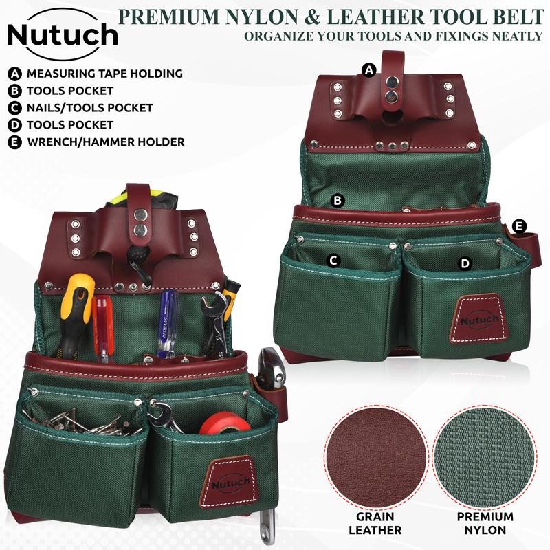 NUTUCH Green Heavy Duty Nylon and Leather Tool Belt for Carpenters, Framers, and Electricians