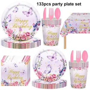 133 Pcs Purple Butterfly Floral Birthday Party Supplies Set, Disposable Tableware with Plates, Cups, Napkins, Cutlery & Tablecloth, Elegant Flower Butterfly Decor for Girls Birthday & Garden Themed Parties