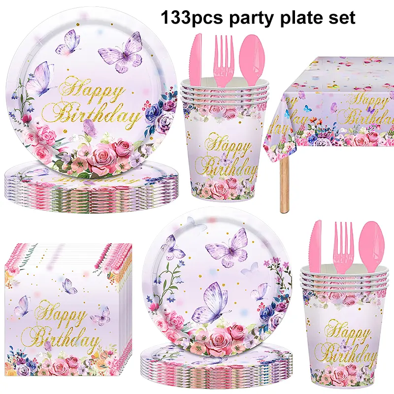 133-Pcs Purple Butterfly Floral Decorations Supplies Disposable Dinnerware Set, Disposable Tableware with Plates, Cups, Napkins, Cutlery & Tablecloth for Girls’ Birthday, Garden Themed Parties, Disposable Dinnerware Sets