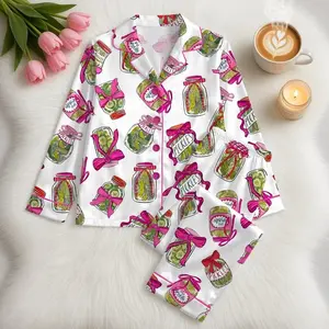 Pickle Lover Pajama Set with Pink Bows, Satin Pajama Pickle Lover Bow Nightwear Women Gift, Sleepwear Pickle Set