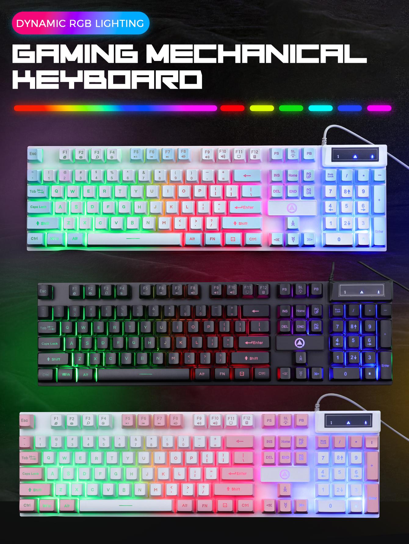 104 Gaming Keyboard Wired, laptop Keyboards with Creamy Cute Number Pad for PC, Mechanical usb c Keyboard with Tactile switch feel Floating Keycaps, Rainbow Mixed-Color Backlit Keyboard & Multimedia Keys for Gamer