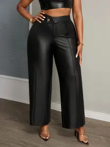 Women's High Waist Faux Leather Jet Black Wide Leg Pants, Fashion Slimming Casual Trousers, Comfortable All-Season Wear