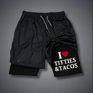 LOVE TITTIES & TACOS 80s 90s summer men shorts for men jorts outfit men graphic shorts Double-layer sports shorts Comfortable short shorts summer