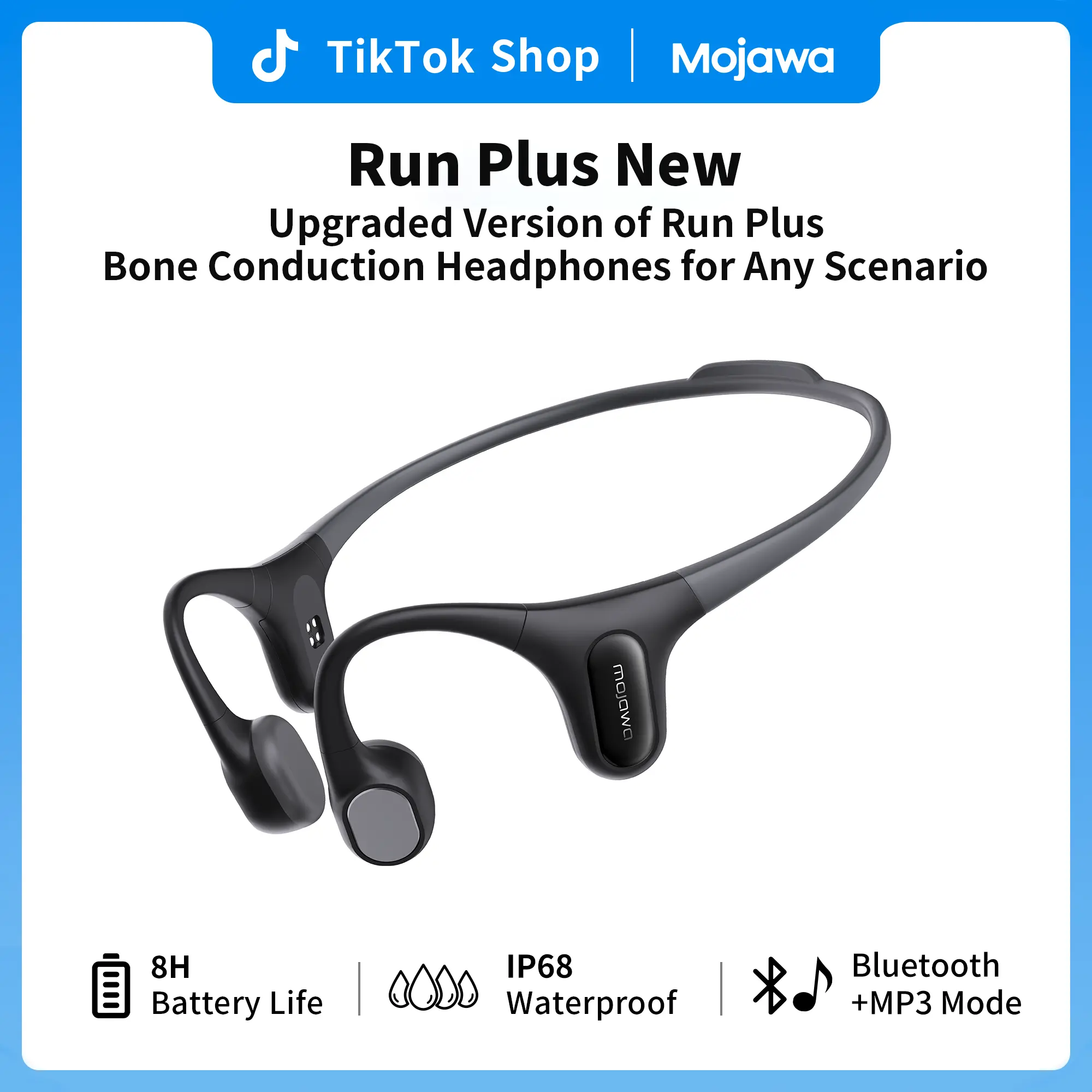 MOJAWA Run Plus New Wireless Bone Conduction Headset - IP68 Waterproof Sports Audio Headphones, Bluetooth, Voice Assistant, 32GB MP3 Storage, Fast Charge, Ideal for Outdoor Sports