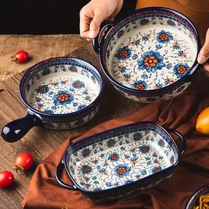 2-Piece Ceramic Baking Dish Set, Blue- Floral Design with Border, Microwave Safe, Dishwasher Cleanable, 730ML Capacity, Bakeware