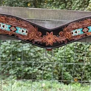Heavy Duty Tooled Two Tone Leather Beaded Tripping Style Western Breast Collar