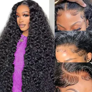 20-34 Inch Deep Wave Lace Front Wigs Human Hair 200 Density 13x6 HD Lace Frontal Wigs Human Hair Pre Plucked Deep Curly Wigs Human Hair for Women Natural Black