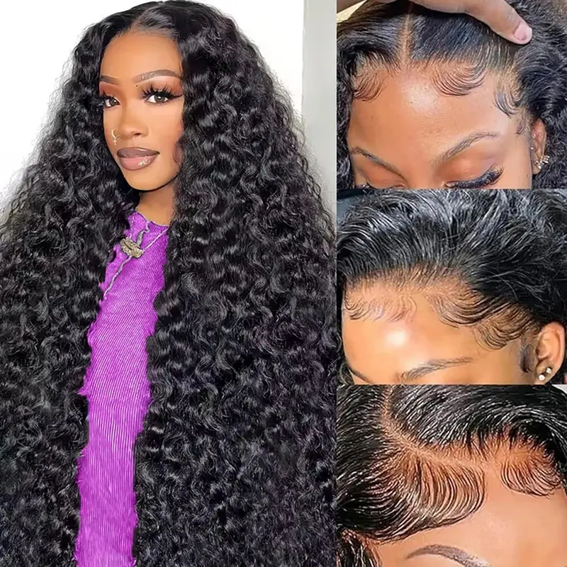 220 Density 20-34 Inch Deep Wave Curly Lace Front Wigs Human Hair 13x6 HD Lace Frontal Wigs Human Hair Pre Plucked Deep Curly Wigs Human Hair for Women Natural Black