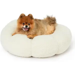 Calming Small Dog Bed - Flower Donut Round Fluffy Puppy Bed in Plush Teddy Sherpa, Non-Slip Cute Flower Cat Beds for Indoor Cats, Small Pet Bed Fits up to 25 lbs, Machine Washable, Cream 23"