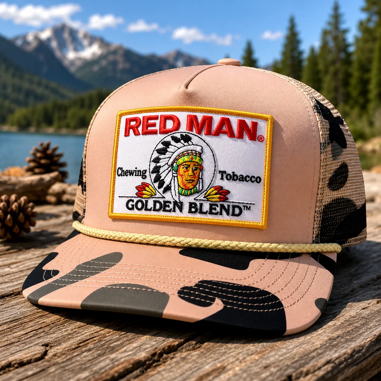 RM Chewing Toobacco Embroidered Patch Trucker Hat - Summer Drinking Cap Tan Camo Snapback Hat for Hunting and Partying Vintage Golden Blend