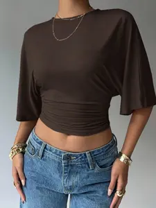 Women's Coffee Color Batwing Sleeve Crewneck Top, Casual Boho Fashion Chic Fitted Tee Shirt, Comfortable Everyday Daily Wear, Stylish Women's Clothing
