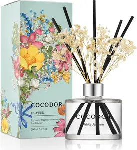 COCODOR Flower Reed Diffuser Set / 6.7oz / White Jasmine/Scent Diffuser with Sticks Home Fragrance Reed Diffuser for Bathroom Shelf Decor