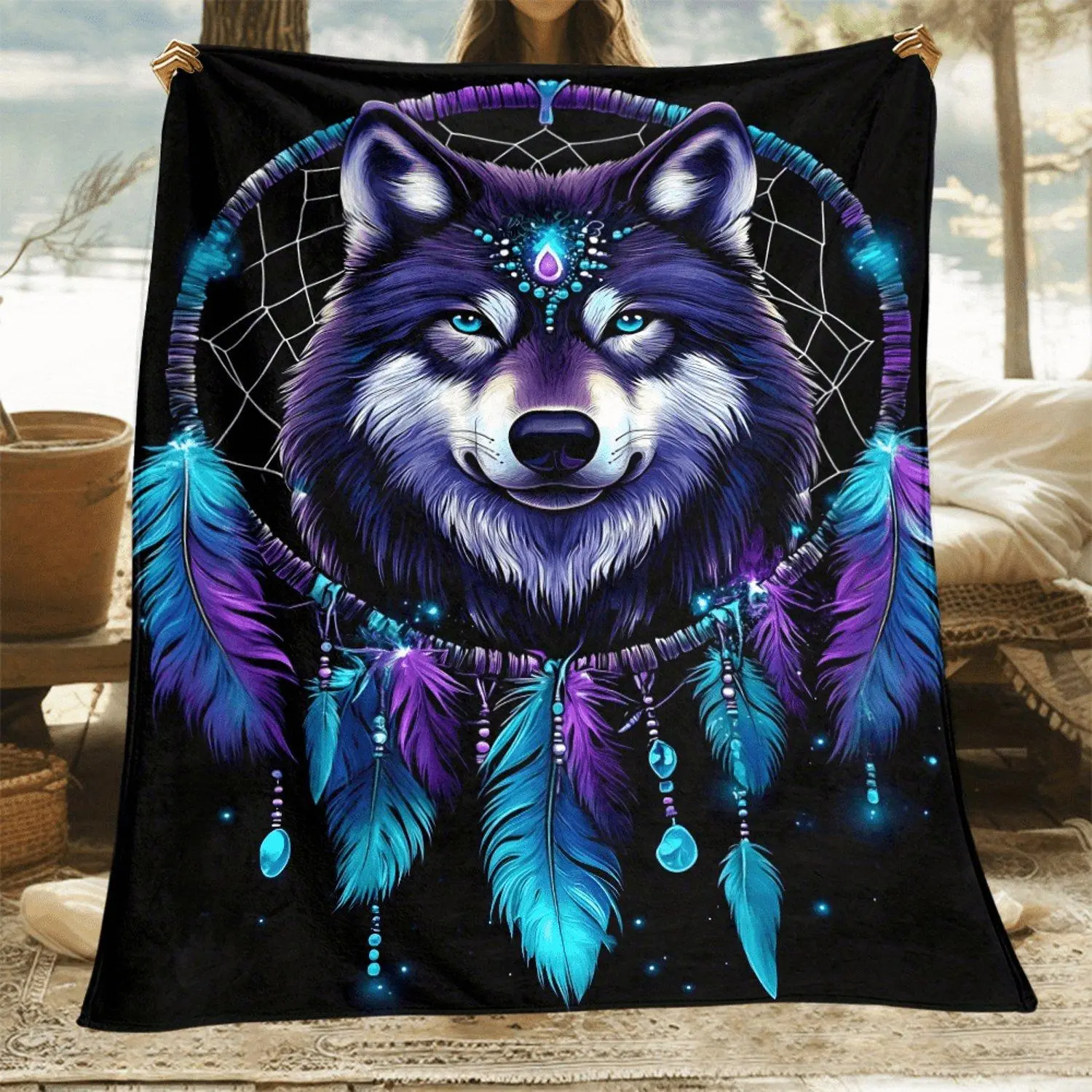 1pc Vibrant Wolf Design Classic Fleece Blanket - Soft, Lightweight, Portable, Cozy Throw for Living Room, Travel Camping - Textiles Soft Furnishings Bedding Linens