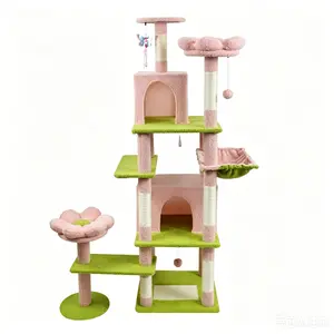 71 in Pink Flower Cat Tree with Large Condo, Removable Flower Cushion and Hammock (for Cats)