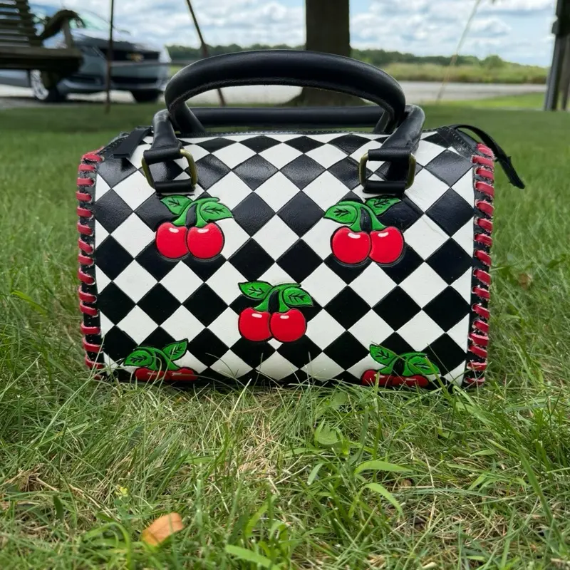 Genuine hand tooled & painted MEDIUM speedy bag- black and white checkered with cherries