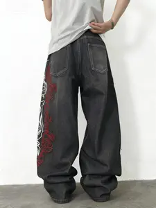 UP.THE Men's Loose Fit Wide Leg Jeans Y2K Inspired Streetwear Embroidered Totem Design for Skateboarders & Streetwear Enthusiasts