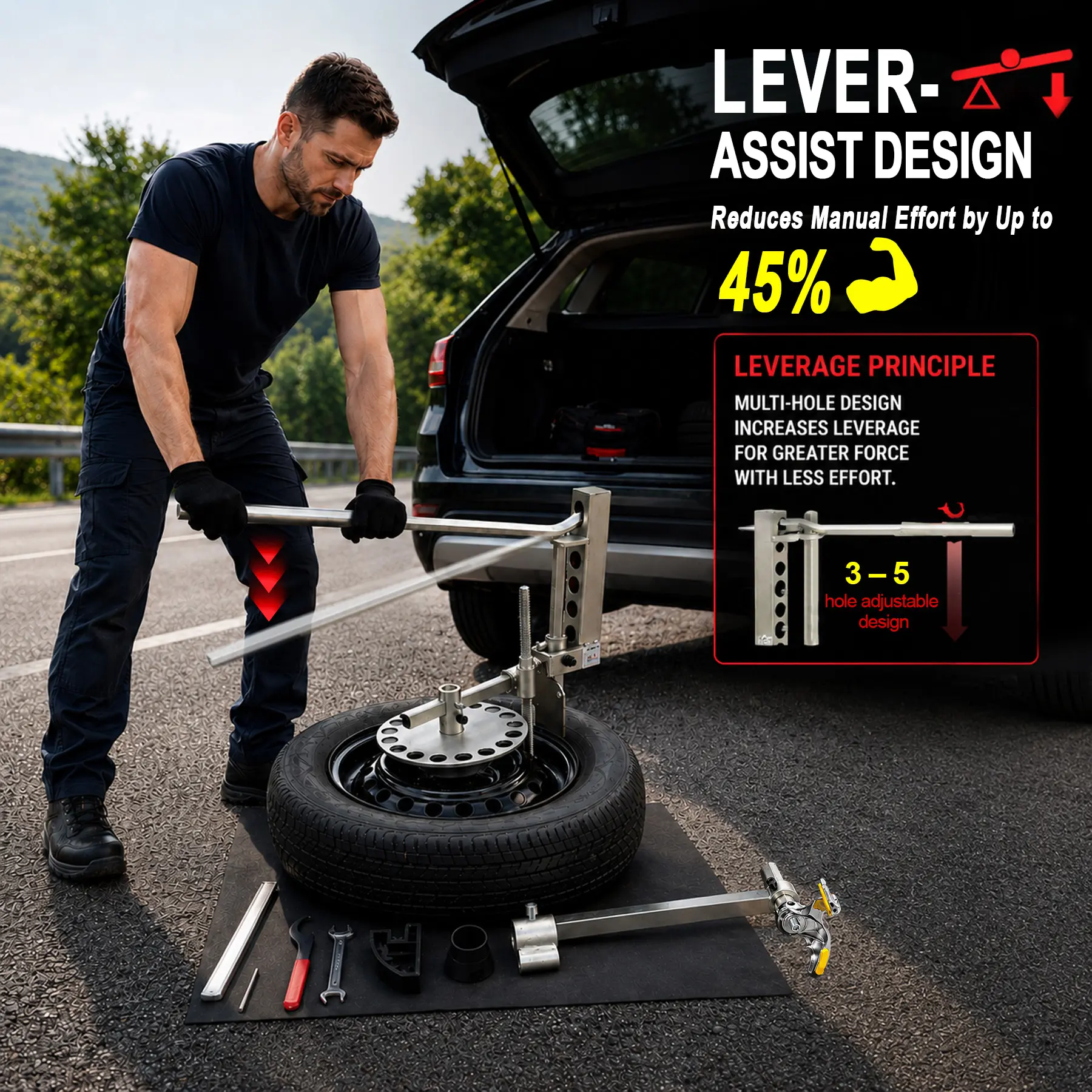 Portable Manual Tire Changer Kit for 12–21 Inch Rims, No Power No Air Tire Mount Demount Tool for Cars, SUVs & Pickup Trucks