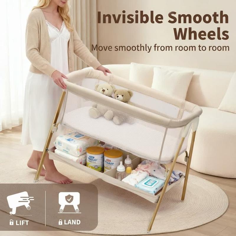 Baby Bassinet, Bedside Bassinet for Baby, Bassinet Bedside Sleeper with Mattress, Storage Basket and 4 Auto-Lock Wheels, Full-Mesh Sides, Bedside Mini Crib for Newborn (Beige)