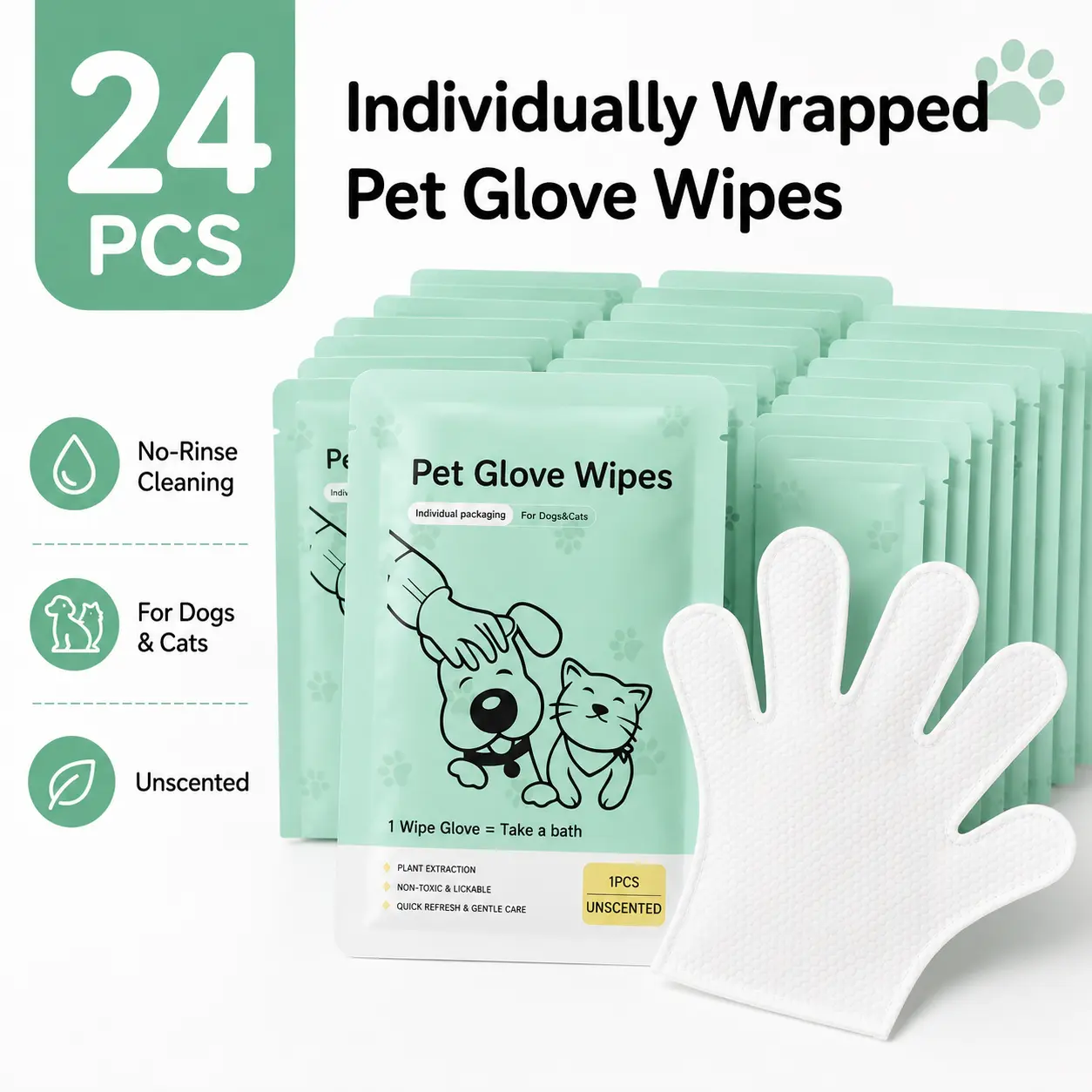 Misofog 24PCS 5-Finger Soft Pearl Wipe Grooming Gloves for Dogs, Individually Wrapped No-Rinse Unscented Gentle Care Fur Removal Wipes for Paws, Body, Daily Messes & Travel ,#tiktok shop back to school