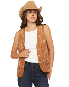 Fornia Women's Floral Embroidered Studded Faux Suede Vest - Sud-Emst-Cam