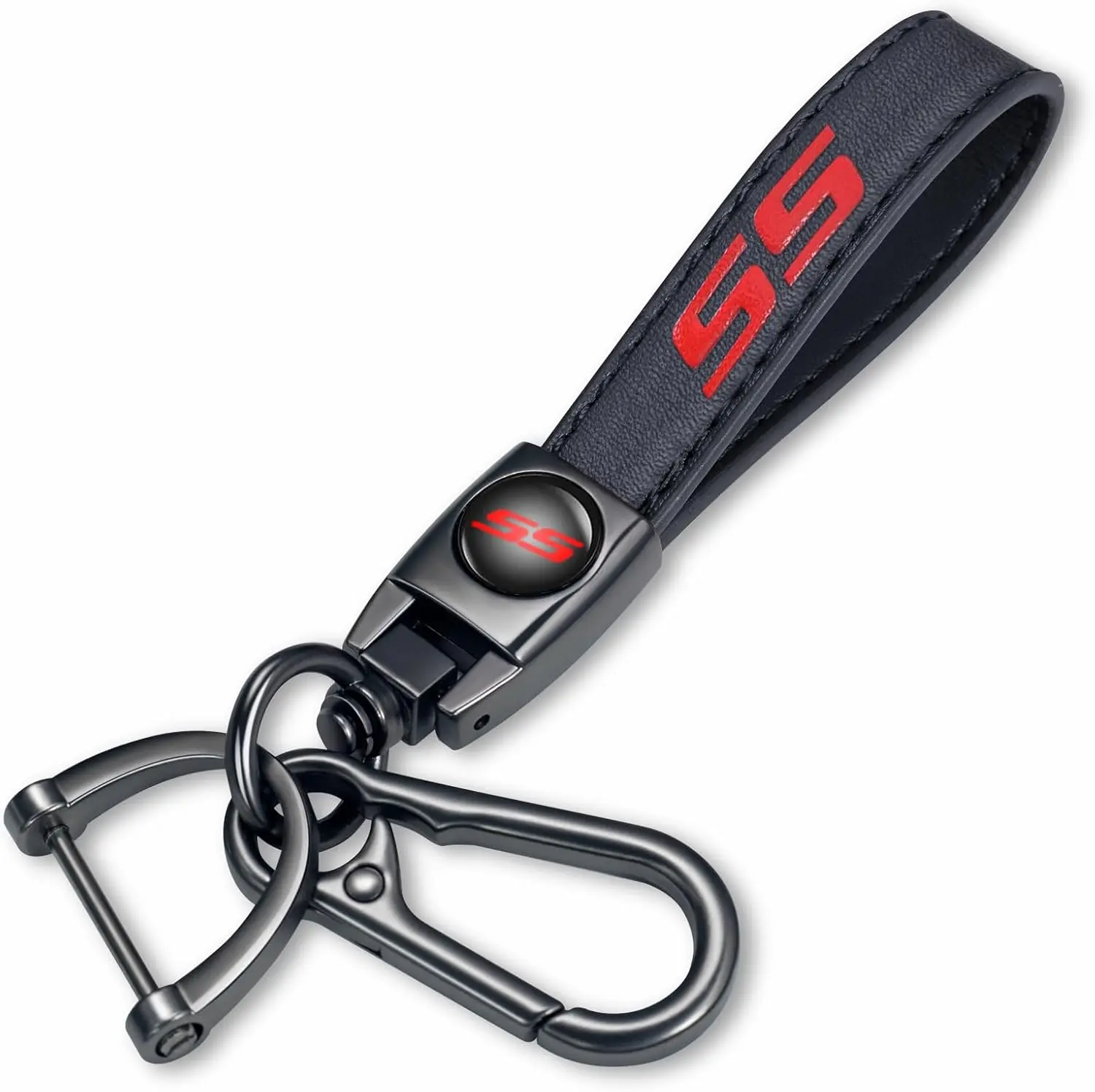 Generic Genuine Leather Car Keychain Keyring Accessories Black Anti-Scratch Anti-Drop, Compatible with Chevy Camaro Malibu Impala Cars, Black with Red SS Emblem