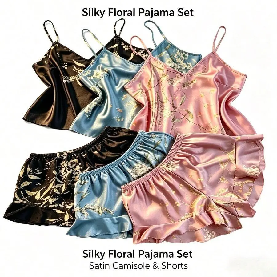 Sleepora x Three-Piece Summer Women's, French Imitation Silk Pajamas Set, Soft, Light And Comfortable Plant-Printed V-Neck Suspender Shorts Pajamas