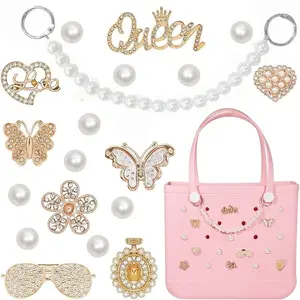 Charms for Bogg Bag, Pearls Butterfly Flowers for Bogg Bag Accessories Charms, Black Bag Charm & Chain Compatible with Simply Southern Beach Bags Tote Accessories, Decorative Insert for Rubber Beach Tote Handbag with Holes (19 Pcs)