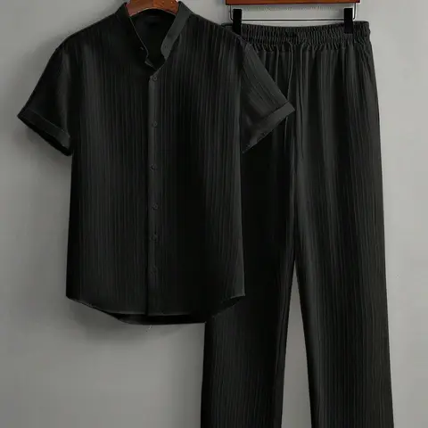 Men's Casual Polyester Blend Suit, Comfortable Semi-Transparent Two-Piece Set, Fashion Solid Color, Easy Care