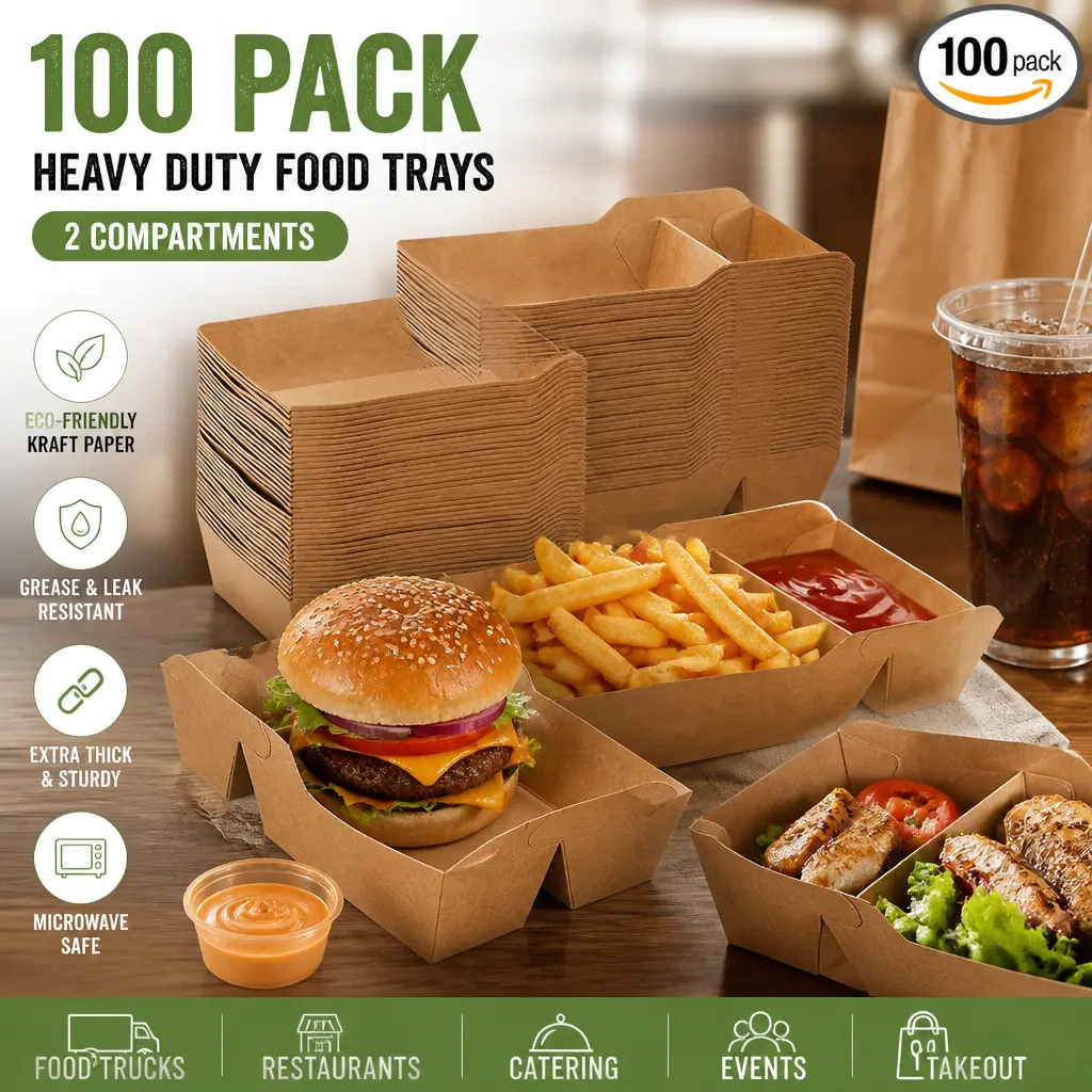 100-Pack Disposable Kraft Paper Nacho Boats - 2-Compartment Greaseproof Paperboard Food Trays, Heavy-Duty Snack Boxes for Fries, Tacos - Ideal for Weddings, Takeout, Box