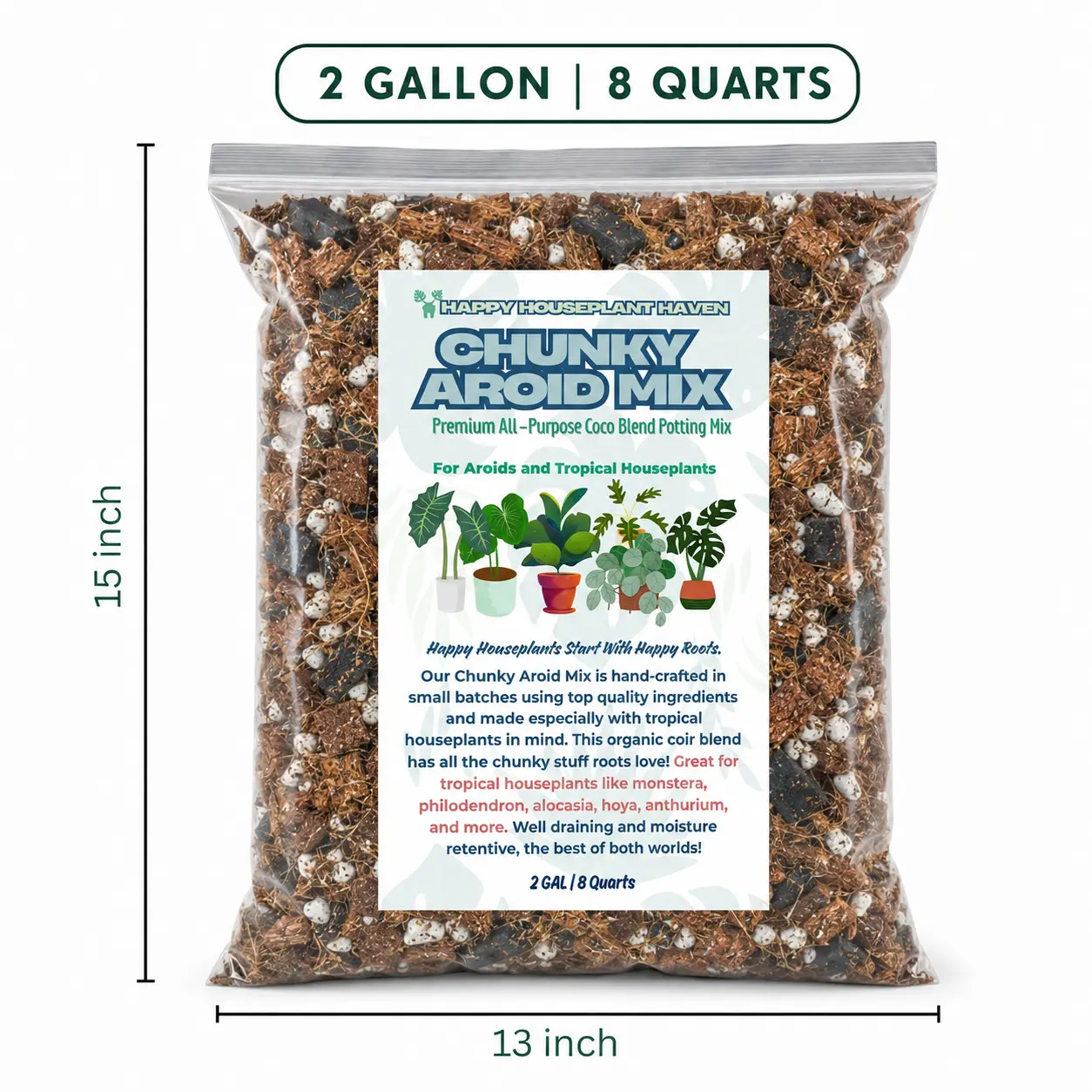 Happy Houseplant Haven Chunky Aroid Mix | Airy Fast-Draining Coco Potting Mix for Monstera, Philodendron, Alocasia, Anthurium, Hoya & Tropical Houseplants