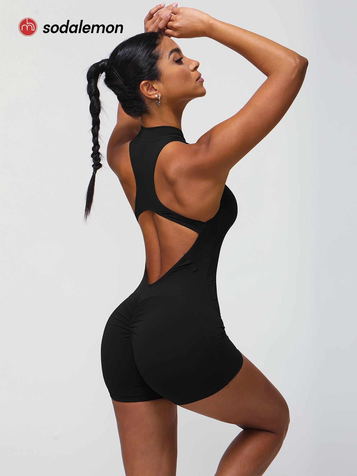 Women's Solid Color Tight-Fitting Jumpsuit, Half Zip Sleeveless Backless Design, High Stretch Yoga Fitness Jumpsuit,back to school,back to school haul