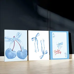 3pcs Blue Ribbons Wall Art, Festive Design Poster, Elegant Art Prints, Lucky Charm Home Decor, Modern Wall Paintings, Cozy Canvas Posters Wall Arts, Wooden Wall Art, Decor for Living Room, Restaurant, Kitchen, Bedroom, Housewarming Gift, With Frame