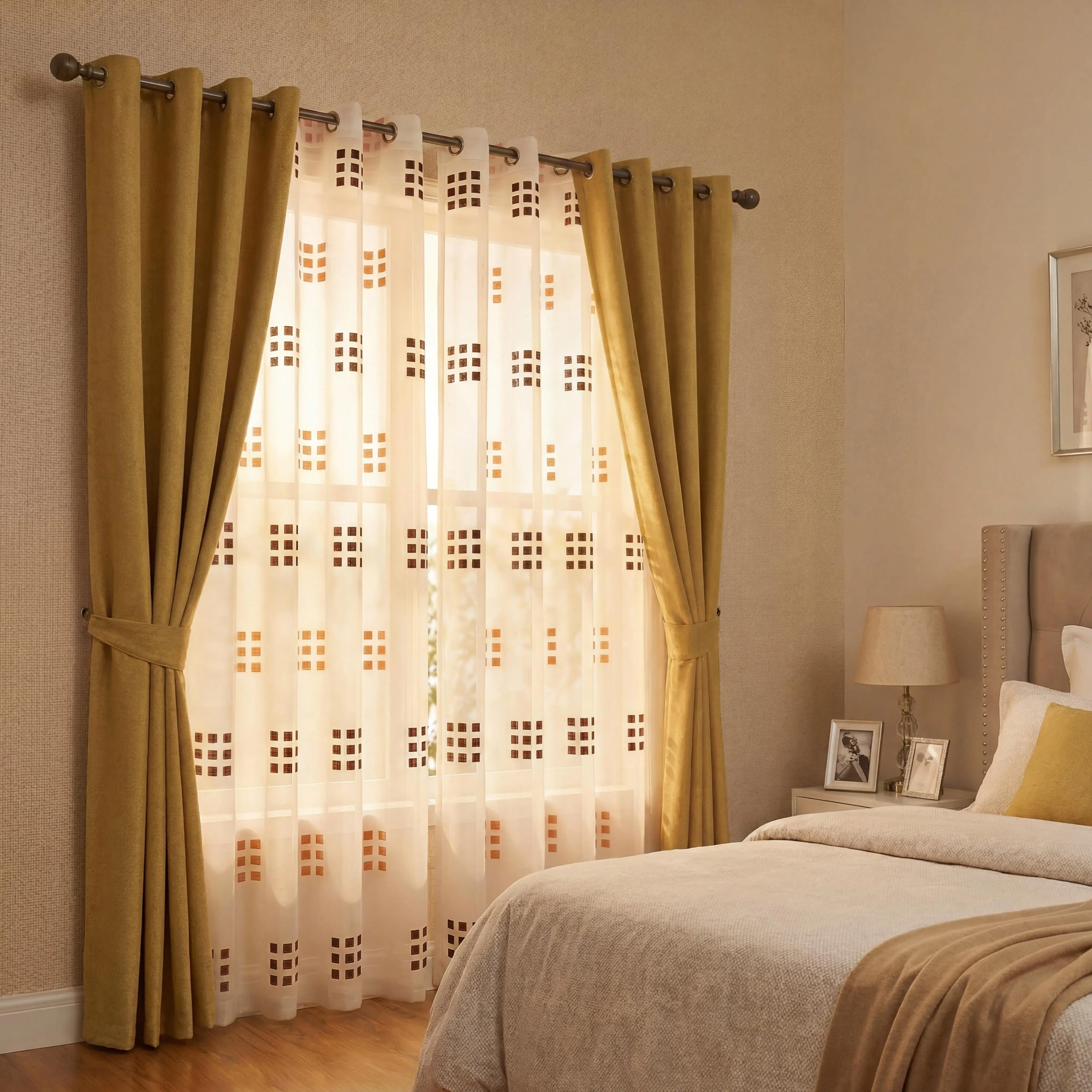 4 Panels 52"x84"  Grommets Curtains Combo,2 Panels Two Tone Linen  Blackout Curtain & 2 Panels Modern Jacquard Square Semi Sheer Curtains. Room Darkening Curtain Panels for Bedroom Living Room  L69 CT278
