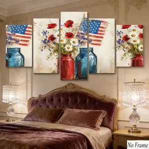 5 Count Frameless Canvas Poster, Perfect Independence Day Gift, Bold Colors, Vintage Mason Jar Design, Patriotic Elements, Home Decor