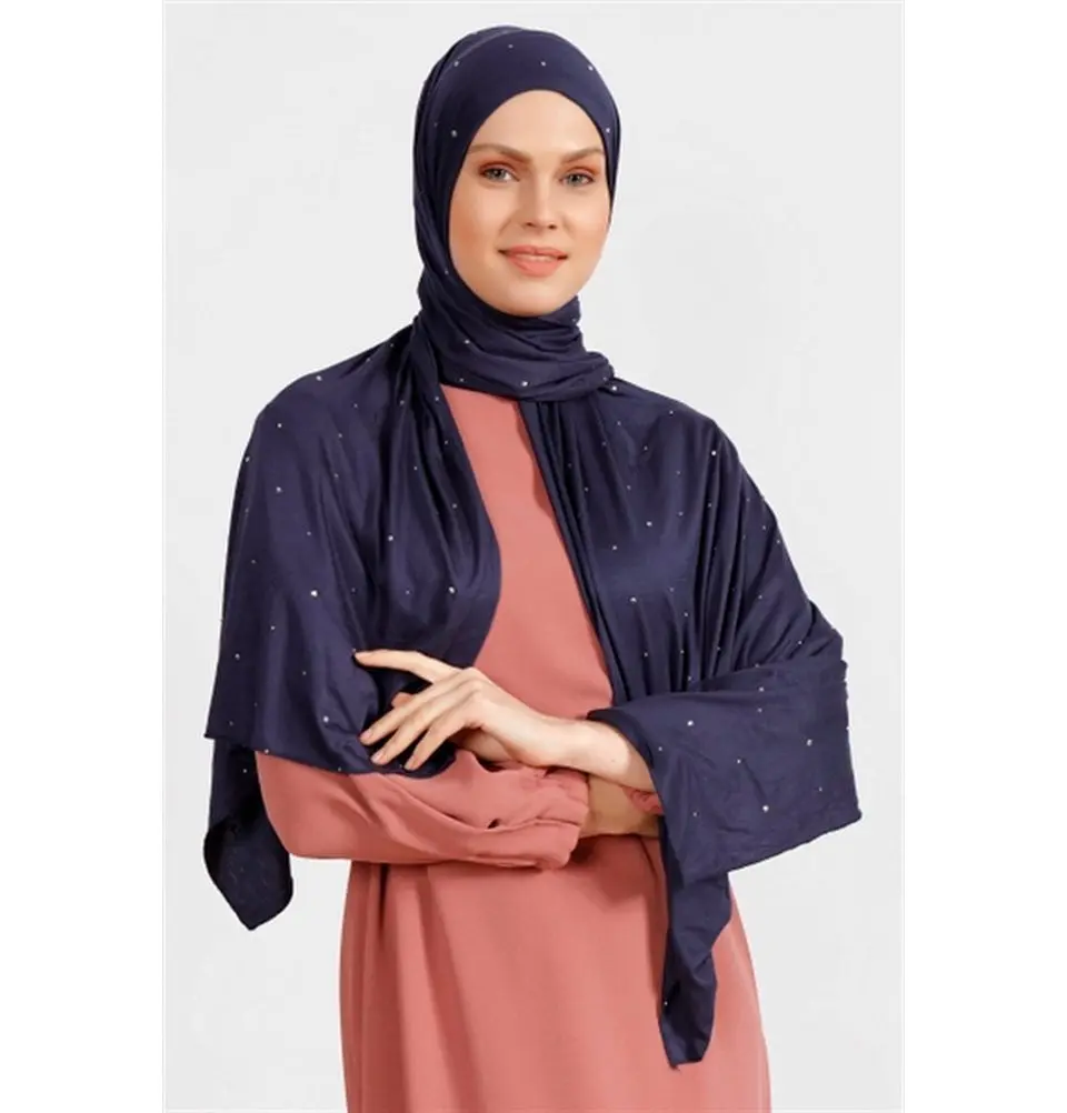 Rhinestone Droplets Soft Jersey Hijab Shawl - Navy Blue
