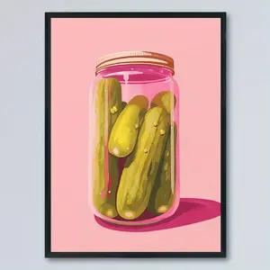 Cartoon Pickle Jar Canvas Wall Art – Retro Art Deco Print, Pink Background Poster, Indoor Decor for Home, Office, Bathroom & Kitchen