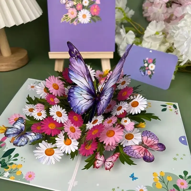 3D Butterfly & Daisy Pop Up Card, Creative Birthday Card with Envelope, Greeting Card for Birthday Wedding Anniversary Party, Fun Party Cards