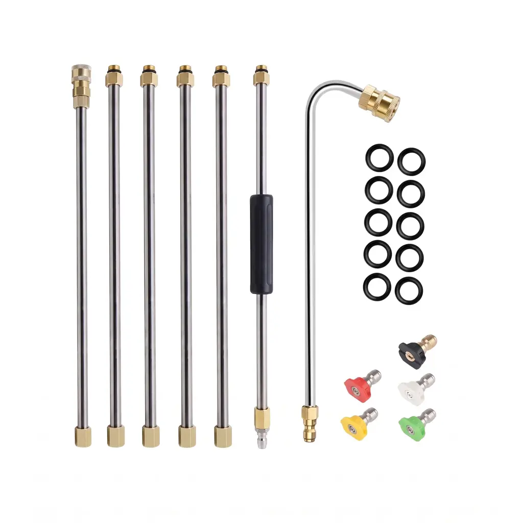 Pressure Washer Extension Wand Kit Stainless Steel Spray Lance with 5 Color Nozzles & 1 Curved Bent Rods 1/4 Quick Connect 4000PSI Universal Power Washer Replacement Accessories for Car Patio Roof Gutter Hard-to-Reach Cleaning