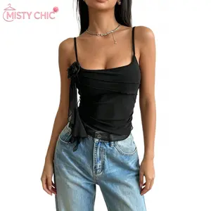 MISTY CHIC Layered mesh cami with sheer overlay, ruched silhouette, side flower detail, soft ruffle trim, for photo shoots and creative street styling sessions